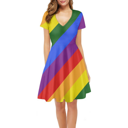 Rainbow Women short Sleeve Ruffle Dress