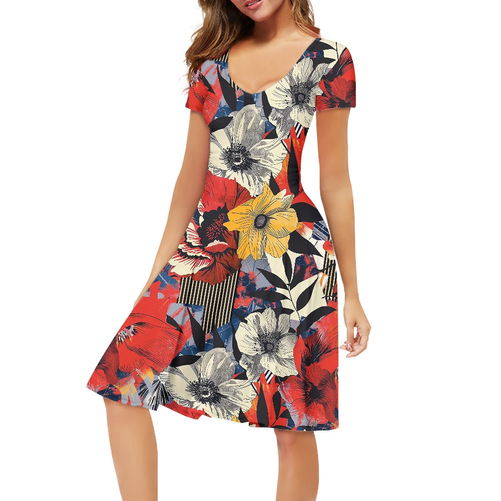 Bloom & Lines: Chic Women’s V-Neck Short Sleeve Ruffle Dress with Floral and Geometric Design