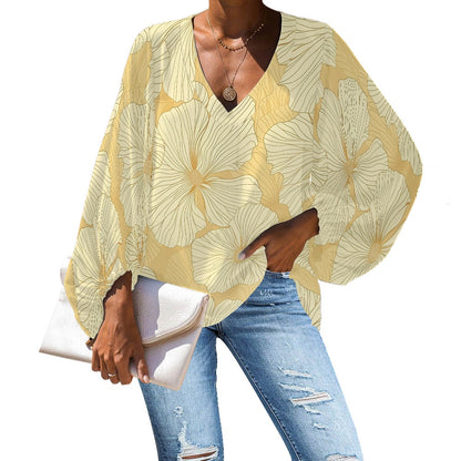 Yellow Tropical Flowers V-Neck Chiffon Puff Sleeve Blouse by Luxtrini