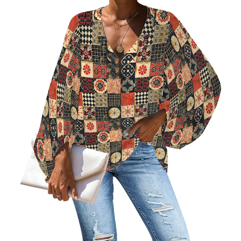 V-Neck Chiffon Puff Sleeve Blouse with Ethnic and Cultural Patterns – Stylish and Comfortable by Luxtrini 4XL