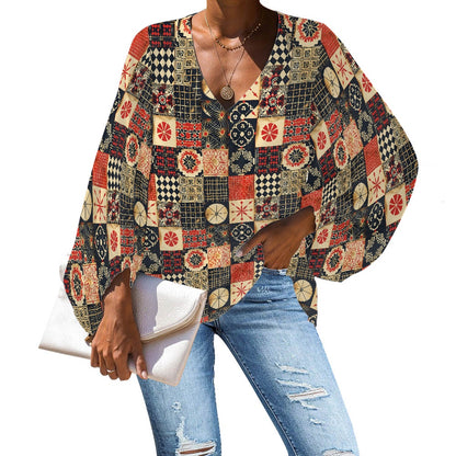 V-Neck Chiffon Puff Sleeve Blouse with Ethnic and Cultural Patterns – Stylish and Comfortable by Luxtrini 4XL