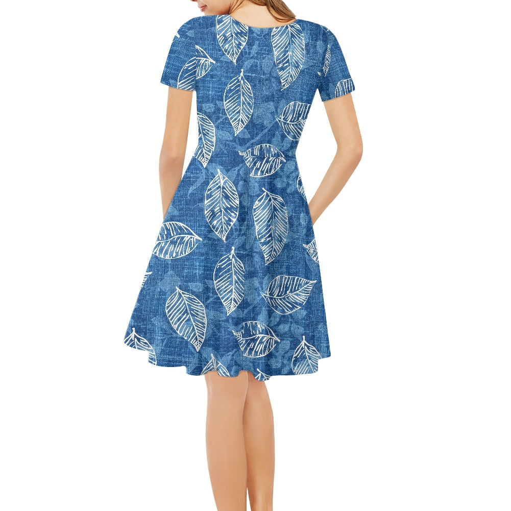 Blue Leaves Women V-Neck Short Sleeve Ruffle Dress