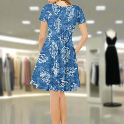 Blue Leaves Women V-Neck Short Sleeve Ruffle Dress