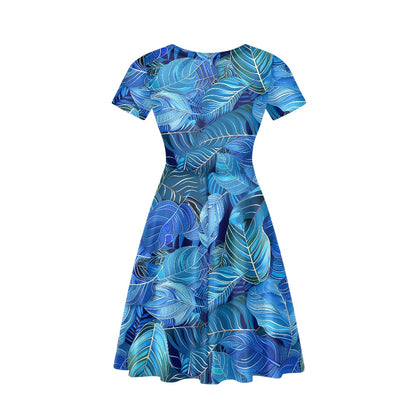 Blue Leaves Women V-Neck Short Sleeve Ruffle Dress