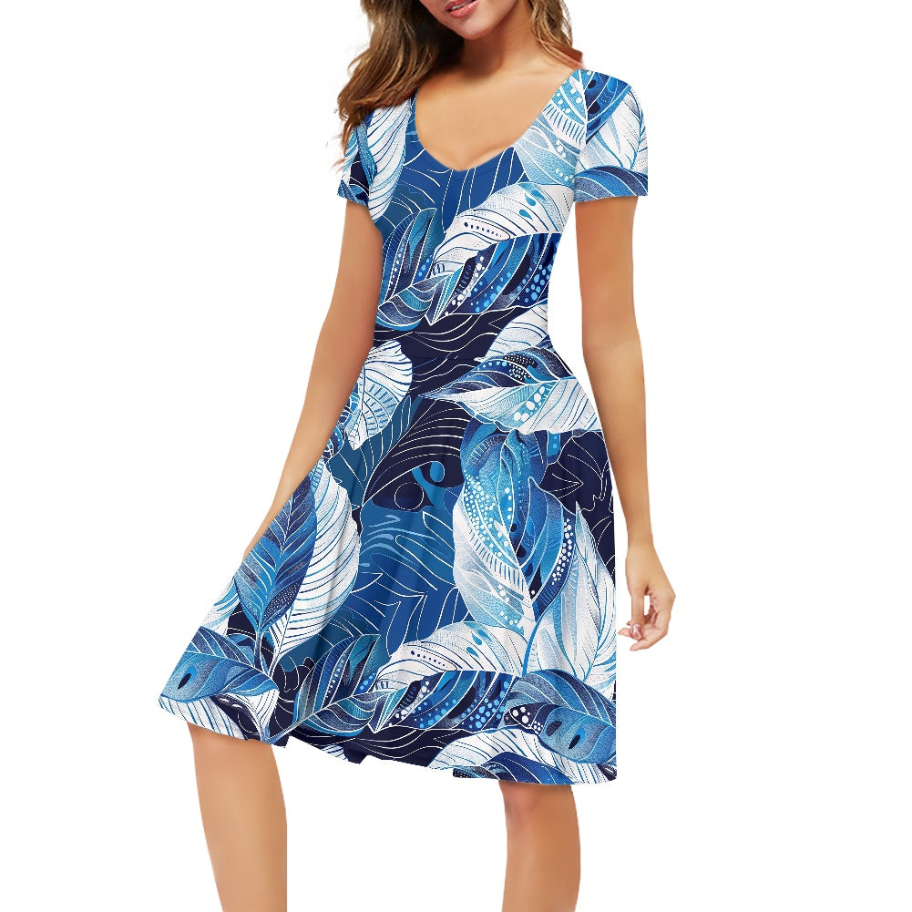 Blue Leaves Women V-Neck Short Sleeve Ruffle Dress