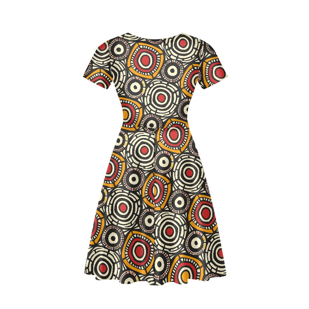African Kente Pattern Women V-Neck Short Sleeve Ruffle Dress