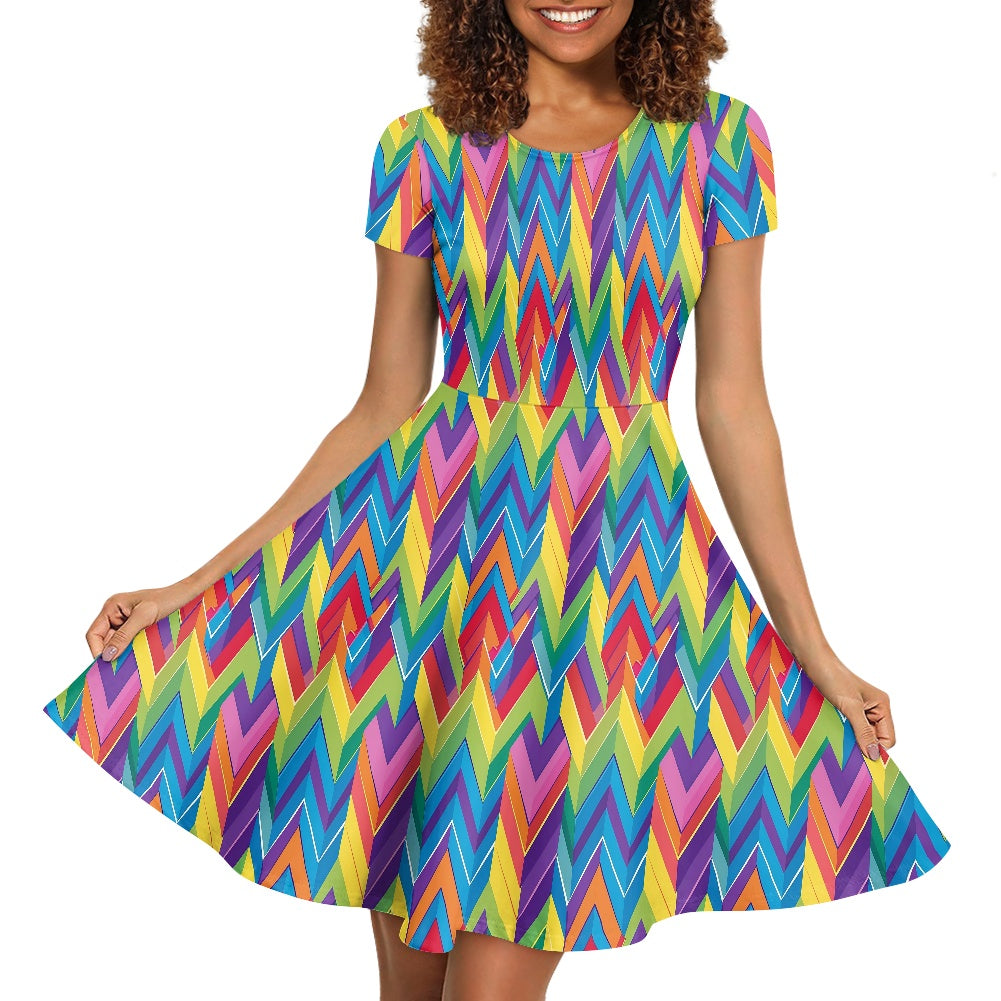 LGBTQ Rainbow Chevron Women Scoop Neck Short Sleeve Ruffle Dress