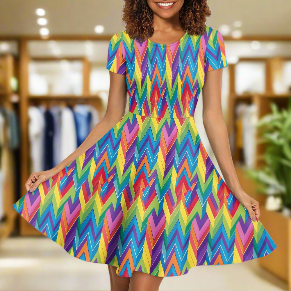 LGBTQ Rainbow Chevron Women Scoop Neck Short Sleeve Ruffle Dress