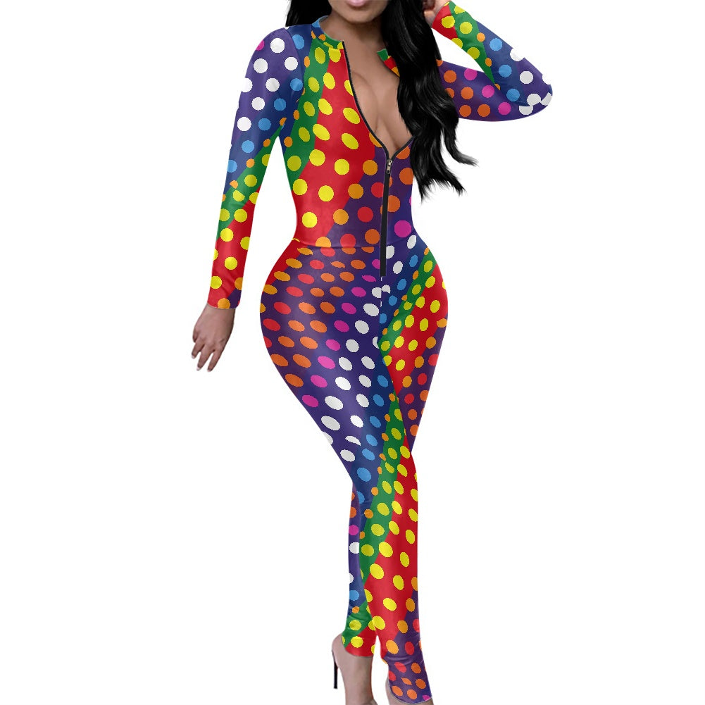 LGBTQ-Friendly Rainbow Polka Dot Sexy Plunging V-Neck Ankle Length Jumpsuit with Long Sleeves and Front Zipper Closure by Luxtrini