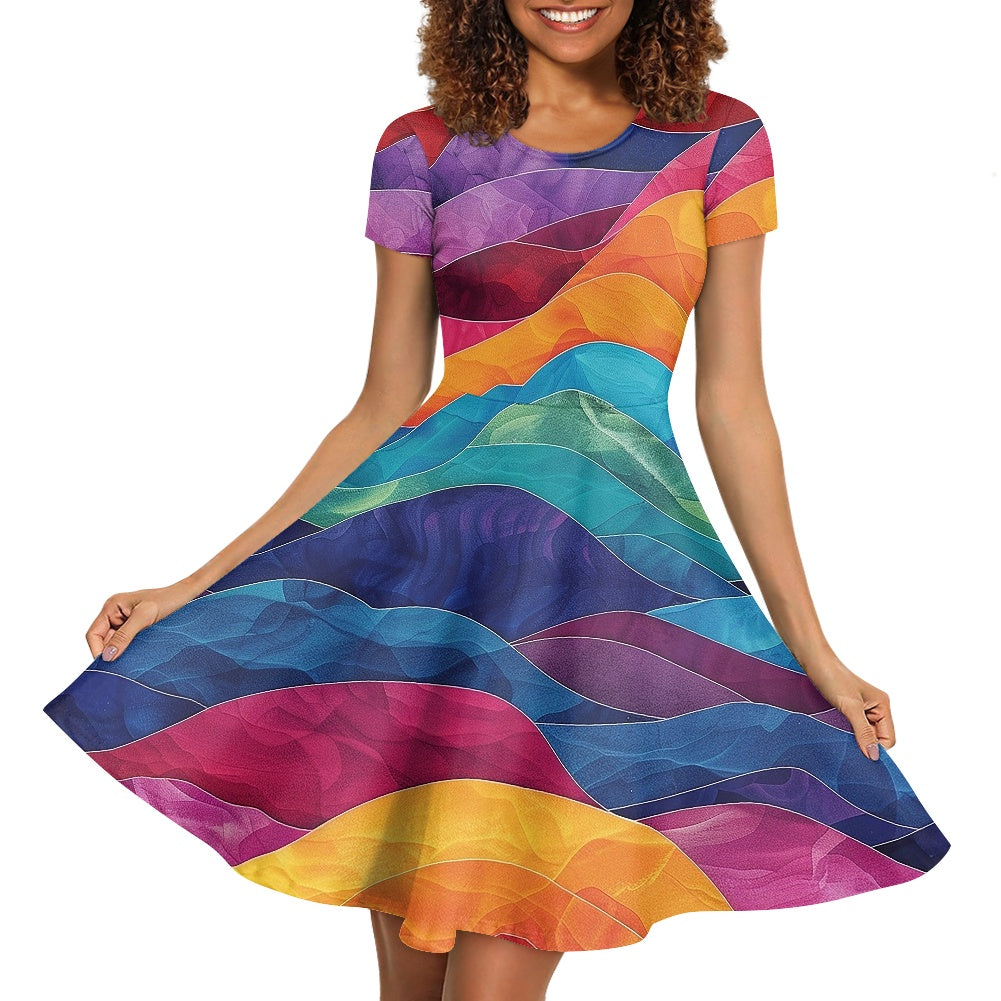 Women Scoop Neck Short Sleeve Ruffle Dress