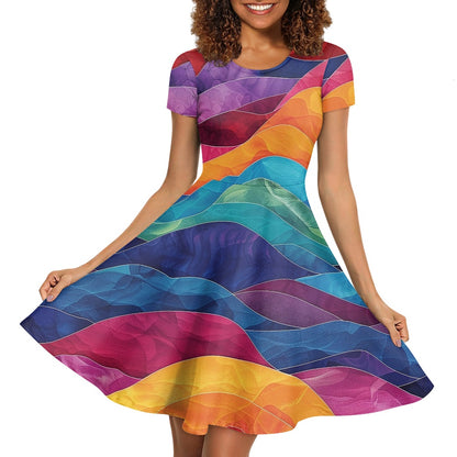 Women Scoop Neck Short Sleeve Ruffle Dress