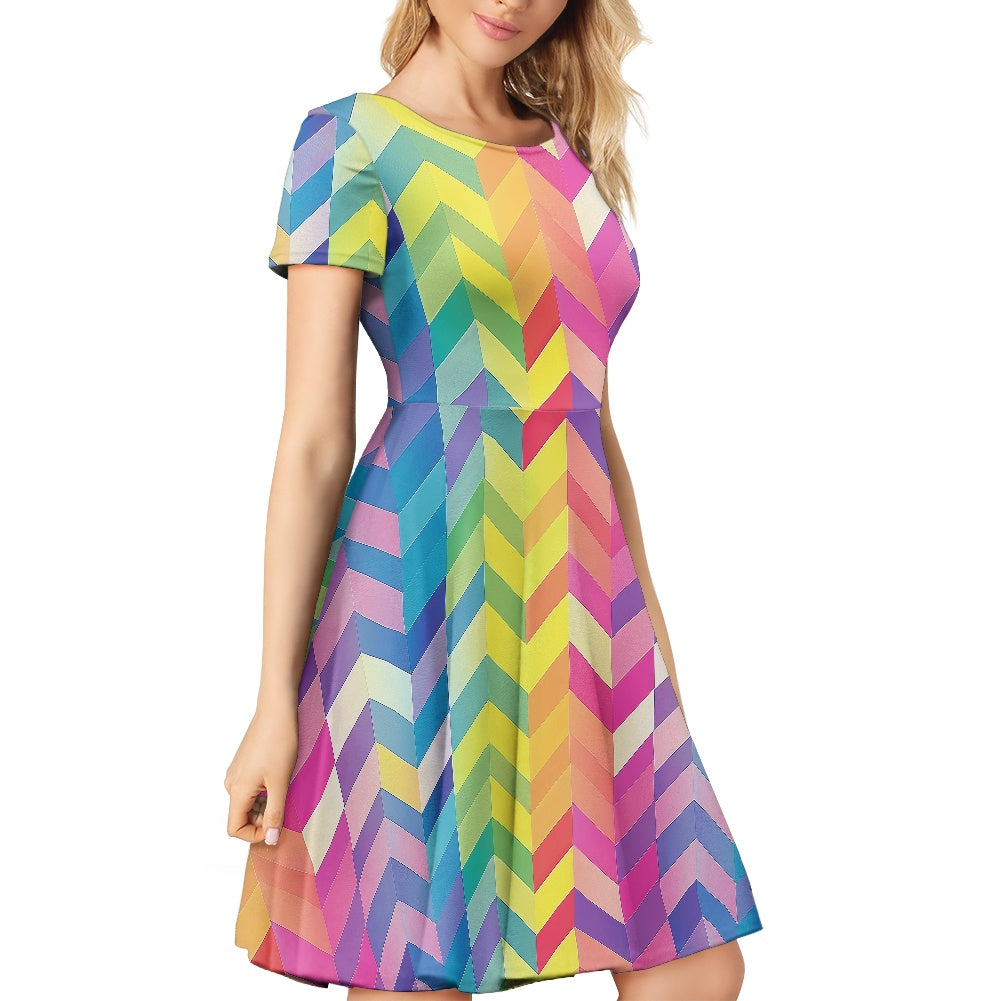 Women Scoop Neck Short Sleeve Ruffle Dress