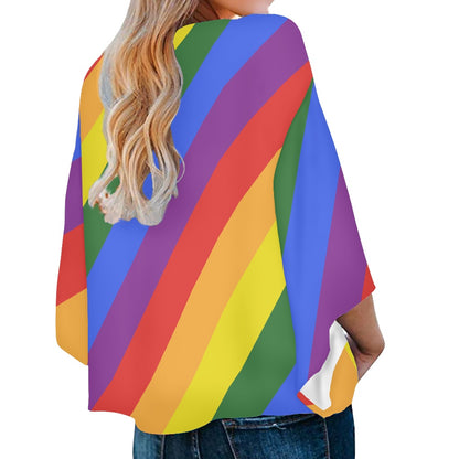 Rainbow V-Neck Tie Front Chiffon Top by Luxtrini