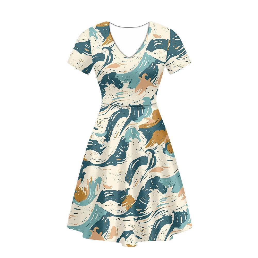 Abstract Waves Women V-Neck Short Sleeve Ruffle Dress white