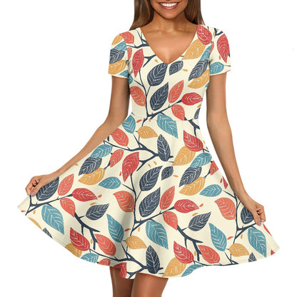 Colored Leaves Women V-Neck Short Sleeve Ruffle Dress