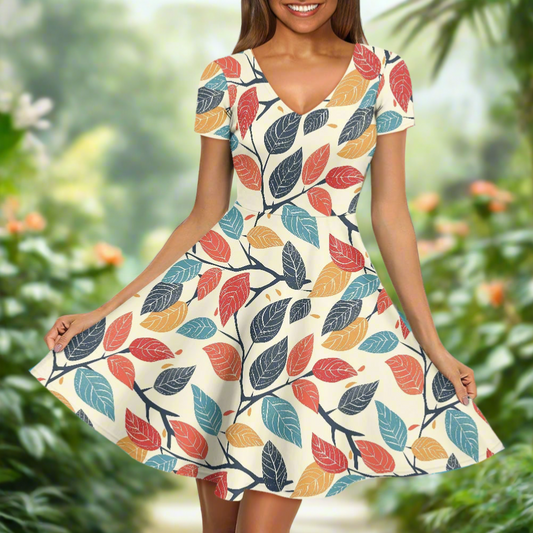Colored Leaves Women V-Neck Short Sleeve Ruffle Dress