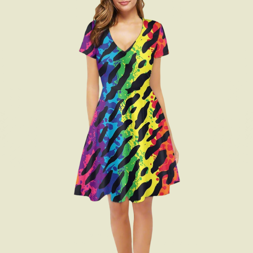 Animal Print Women V-Neck Short Sleeve Ruffle Dress