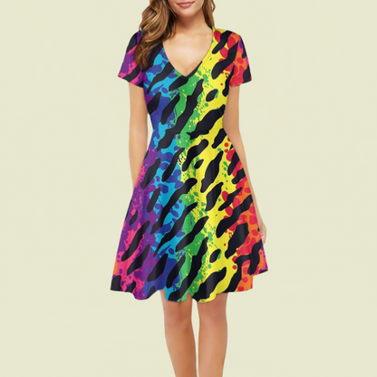 Animal Print Women V-Neck Short Sleeve Ruffle Dress
