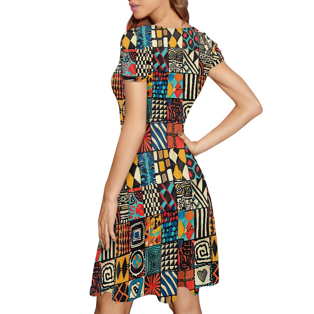 Women Scoop Neck Short Sleeve Ruffle Dress