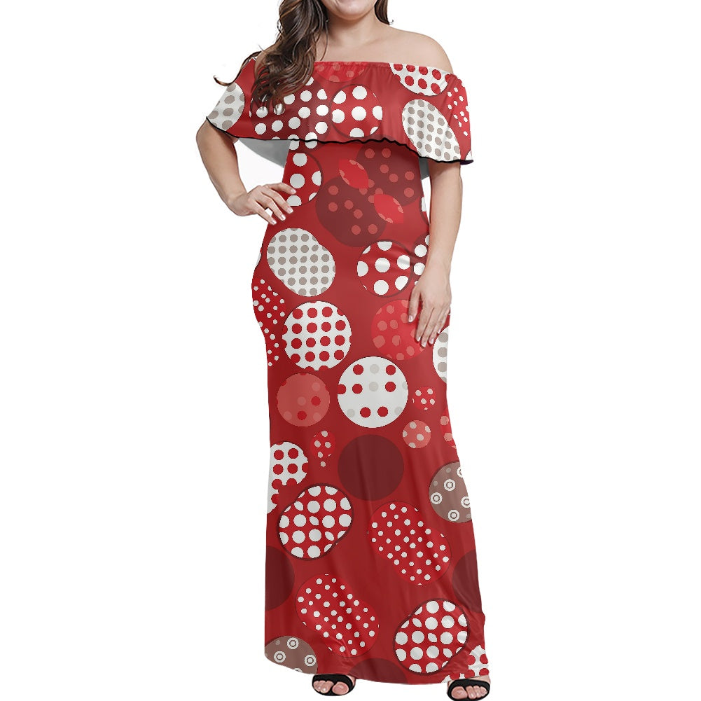 Red Polka Dot Women's Off The Shoulder Short Sleeve Dress XS