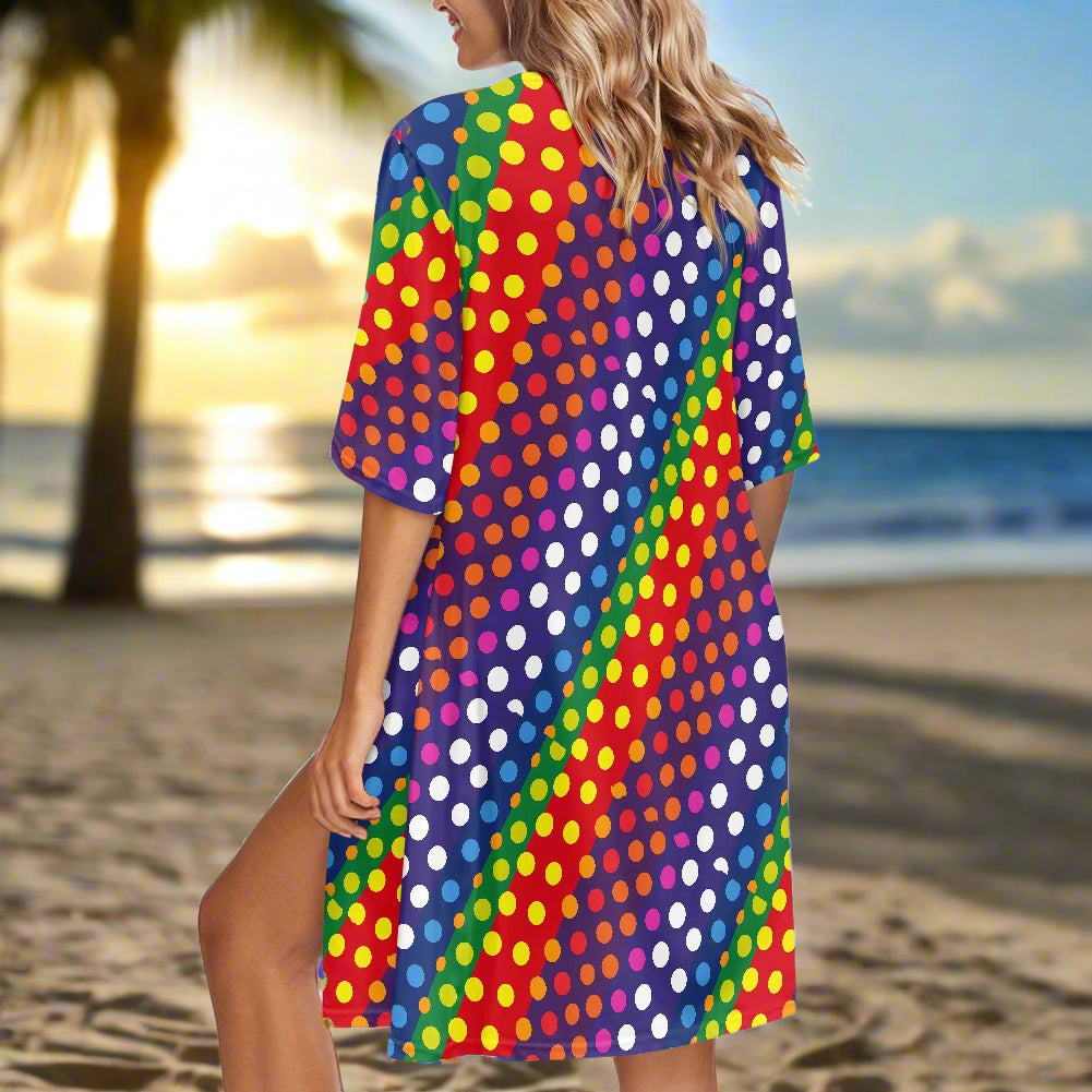 LGBTQ-Friendly Rainbow Polka Dot Versatile Three-Quarter Sleeve Kimono Cover-Up for Beach or Casual Wear by Luxtrini