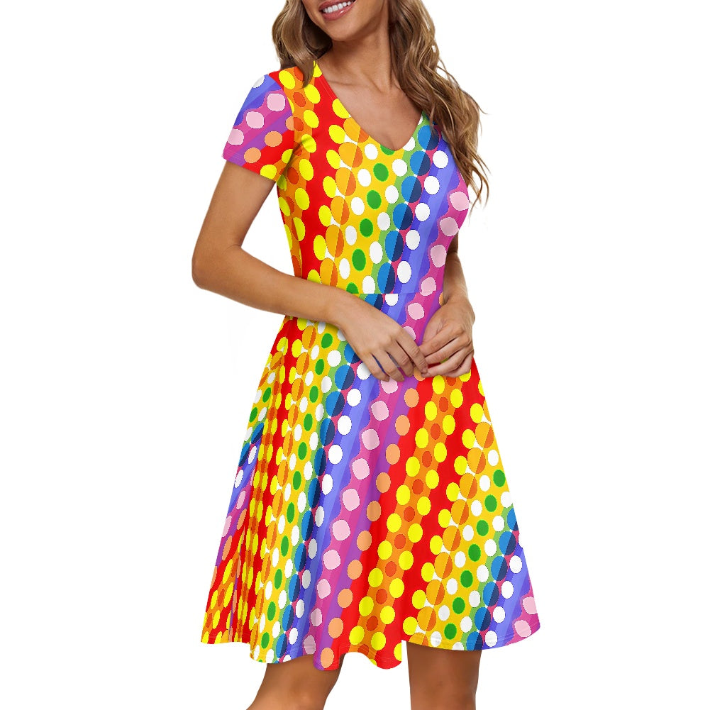 Rainbow Polka Dot Women V-Neck Short Sleeve Ruffle Dress