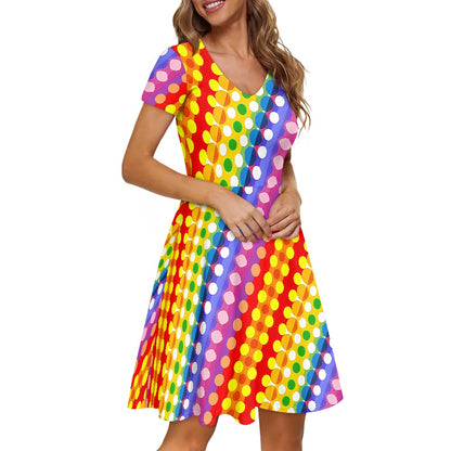 Rainbow Polka Dot Women V-Neck Short Sleeve Ruffle Dress