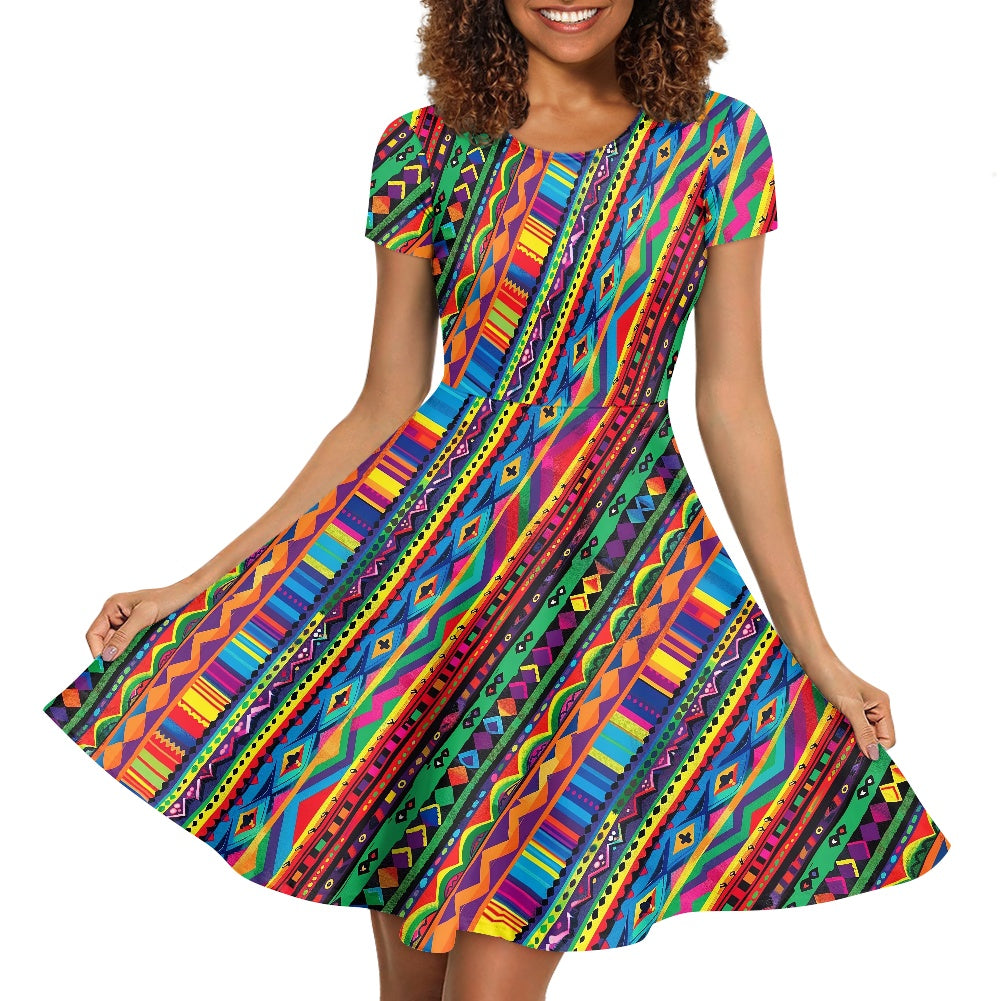 Women Scoop Neck Short Sleeve Ruffle Dress