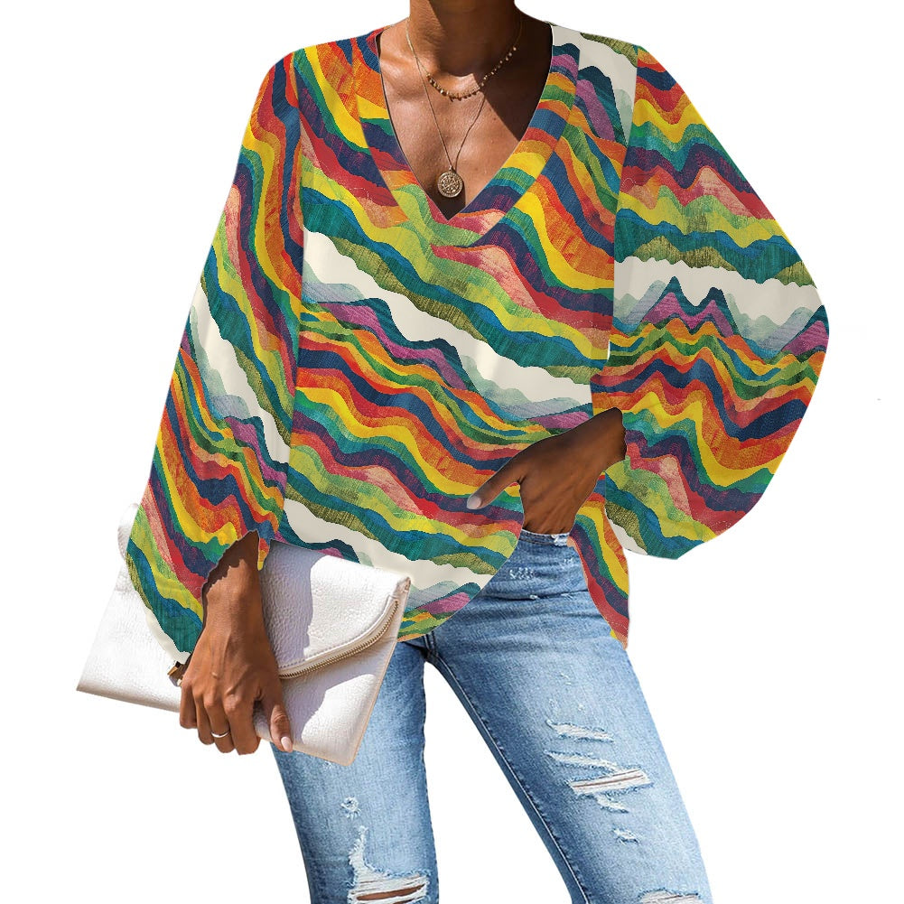 V-Neck Chiffon Puff Sleeve Blouse by Luxtrini 4XL