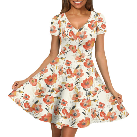 Women V-Neck Short Sleeve Ruffle Dress