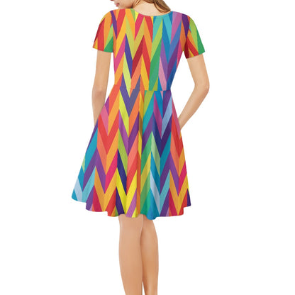 Rainbow Chevrons Women V-Neck Short Sleeve Ruffle Dress