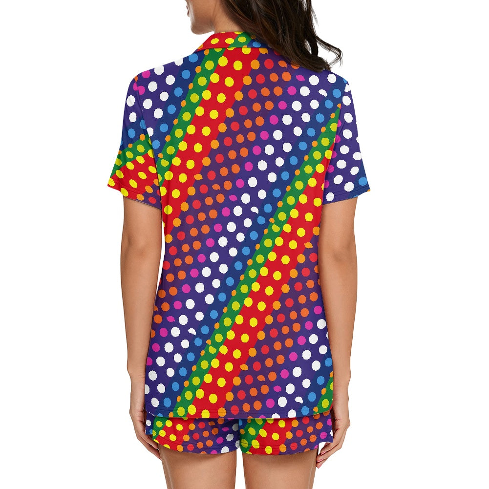 Women’s Short Sleeve Pajama Set – Rainbow Polka Dot Print with Pockets