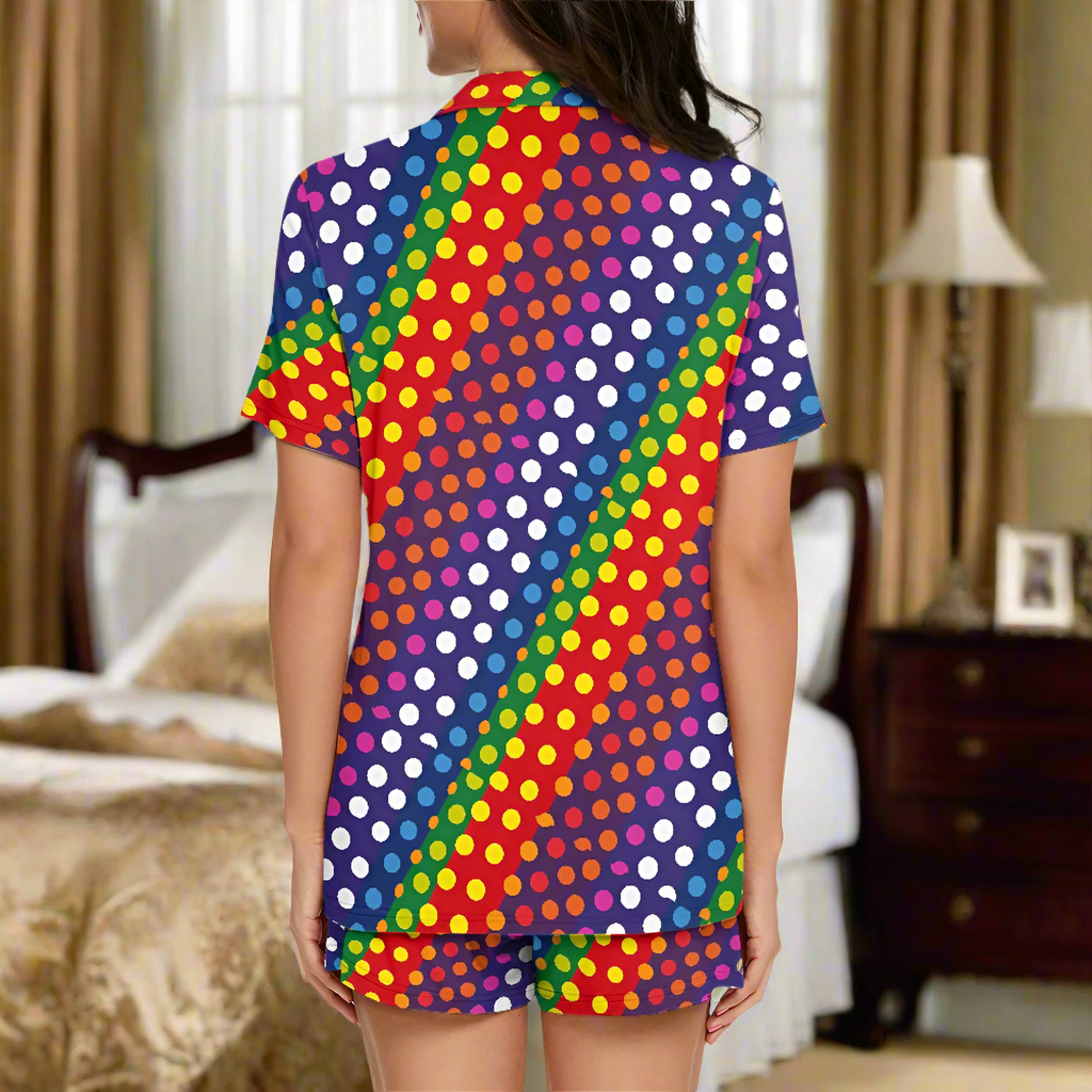 Women’s Short Sleeve Pajama Set – Rainbow Polka Dot Print with Pockets
