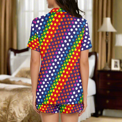 Women’s Short Sleeve Pajama Set – Rainbow Polka Dot Print with Pockets
