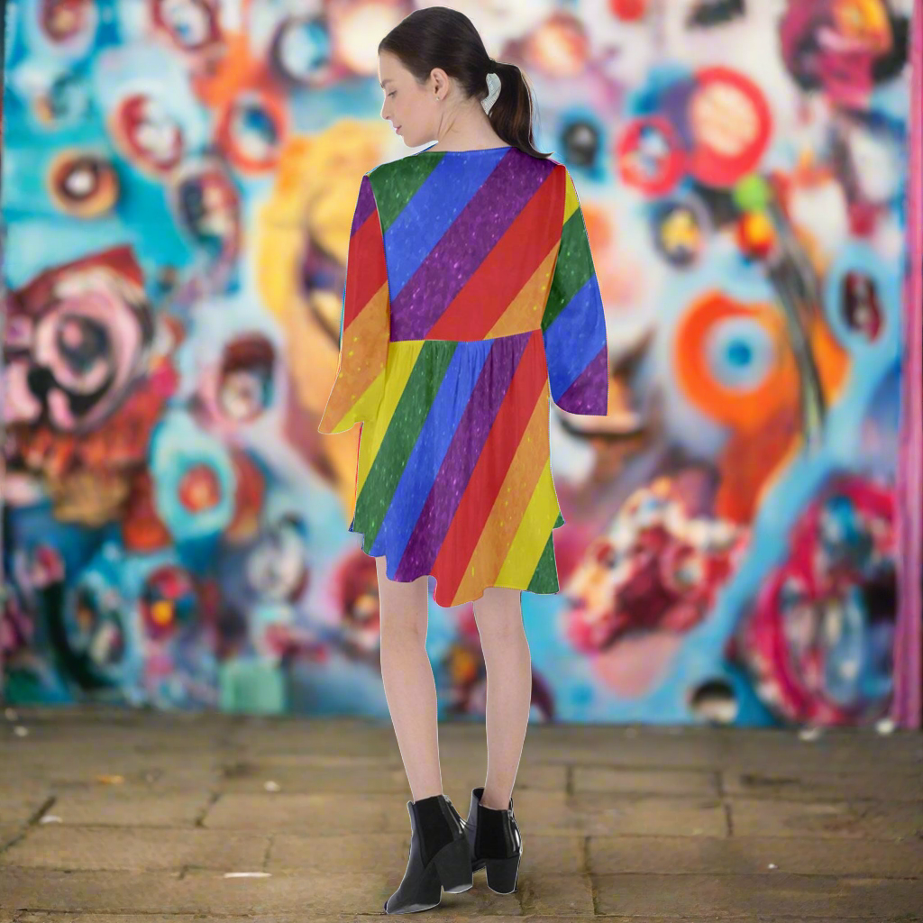 LGBTQ V-Neck Flare Sleeve Mini Dress - Rainbow Pride