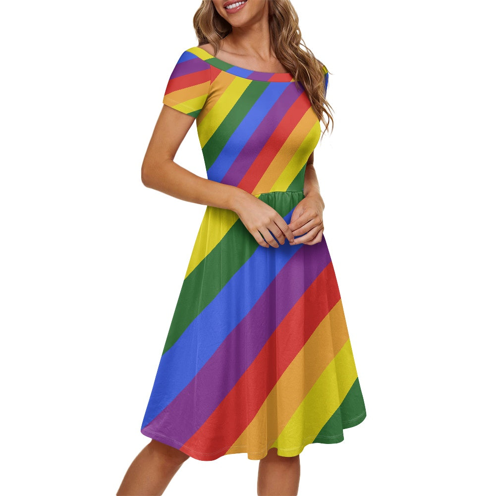 Rainbow Off shoulder short sleeved dress