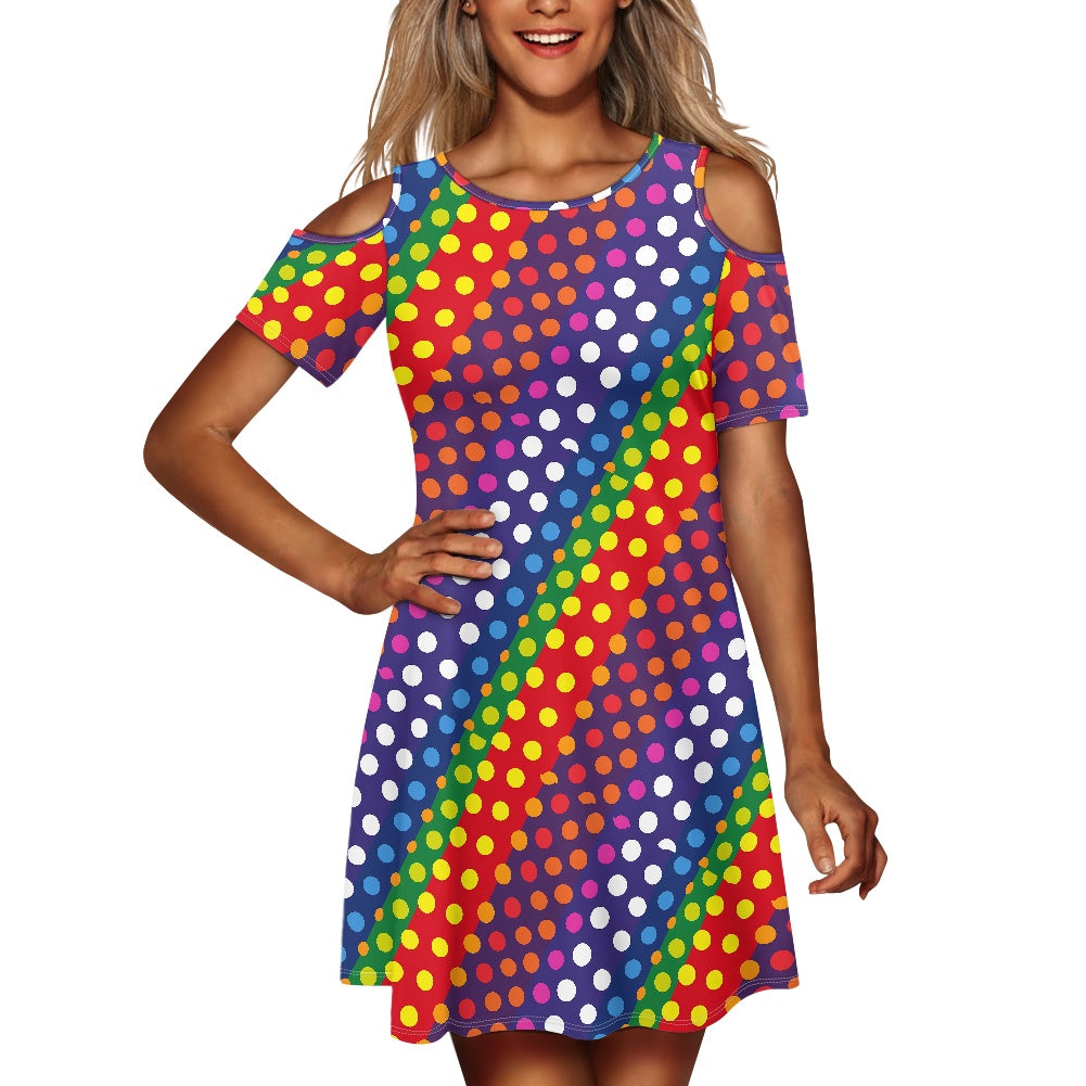 LGBTQ-Friendly Rainbow Polka Dot Chic Cold Shoulder Short Sleeve Mini Dress with Classic Round Neck by Luxtrini