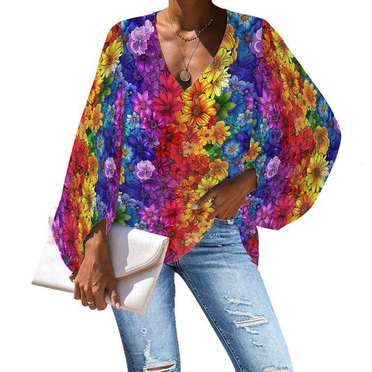V-Neck Chiffon Puff Sleeve Blouse by Luxtrini