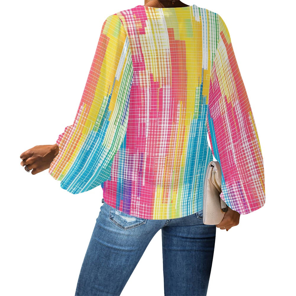V-Neck Chiffon Puff Sleeve Blouse by Luxtrini