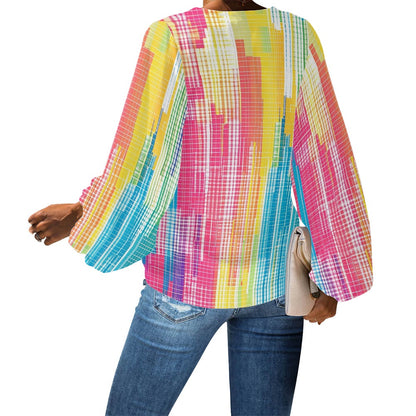 V-Neck Chiffon Puff Sleeve Blouse by Luxtrini