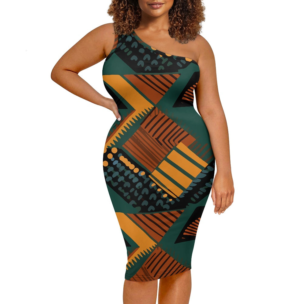 Discover Elegance: Luxtrini's One-Shoulder Slim Dress - Ethnic Abstract