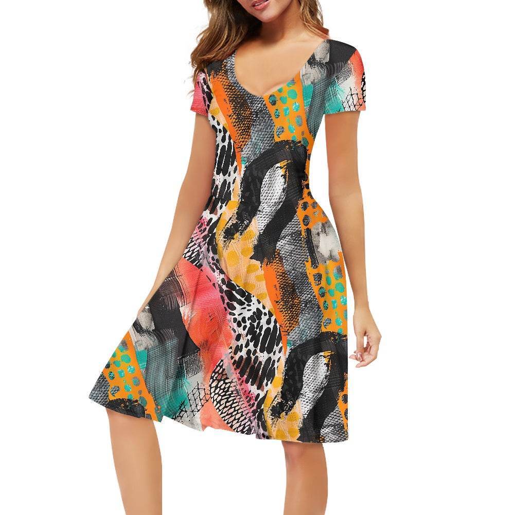 Abstract Animal Skin Women V-Neck Short Sleeve Ruffle Dress