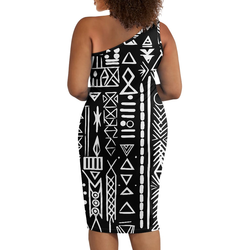 Discover Elegance: Luxtrini's One-Shoulder Slim Dress - B&W Ethnic