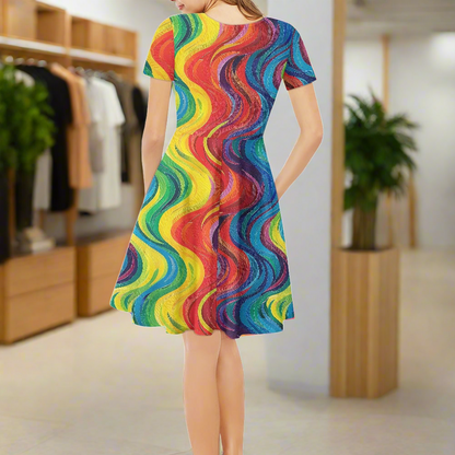 Rainbow Women V-Neck Short Sleeve Ruffle Dress
