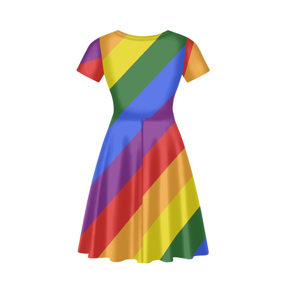 Rainbow Women short Sleeve Ruffle Dress