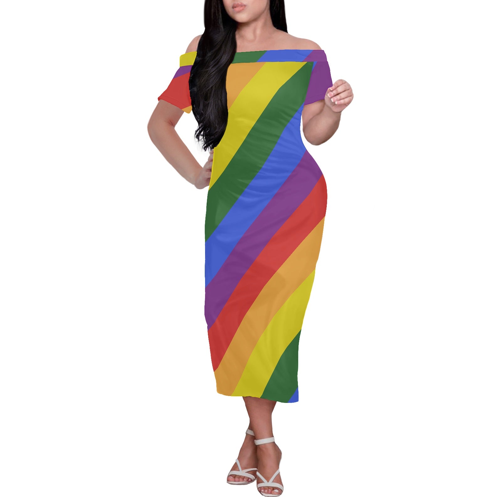 Rainbow Women's Off The Shoulder Midi Short Sleeve Dress white