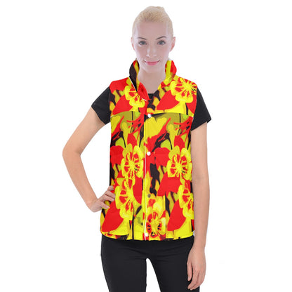 Red and Yellow Hibiscus Women's Button Up Vest 3XL