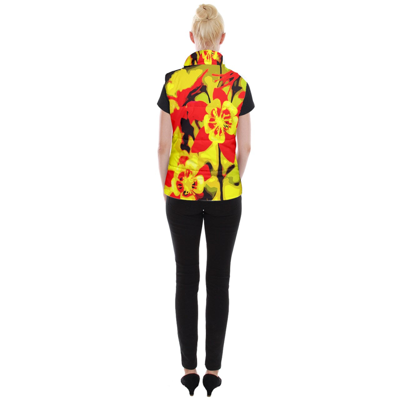 Red and Yellow Hibiscus Women's Button Up Vest