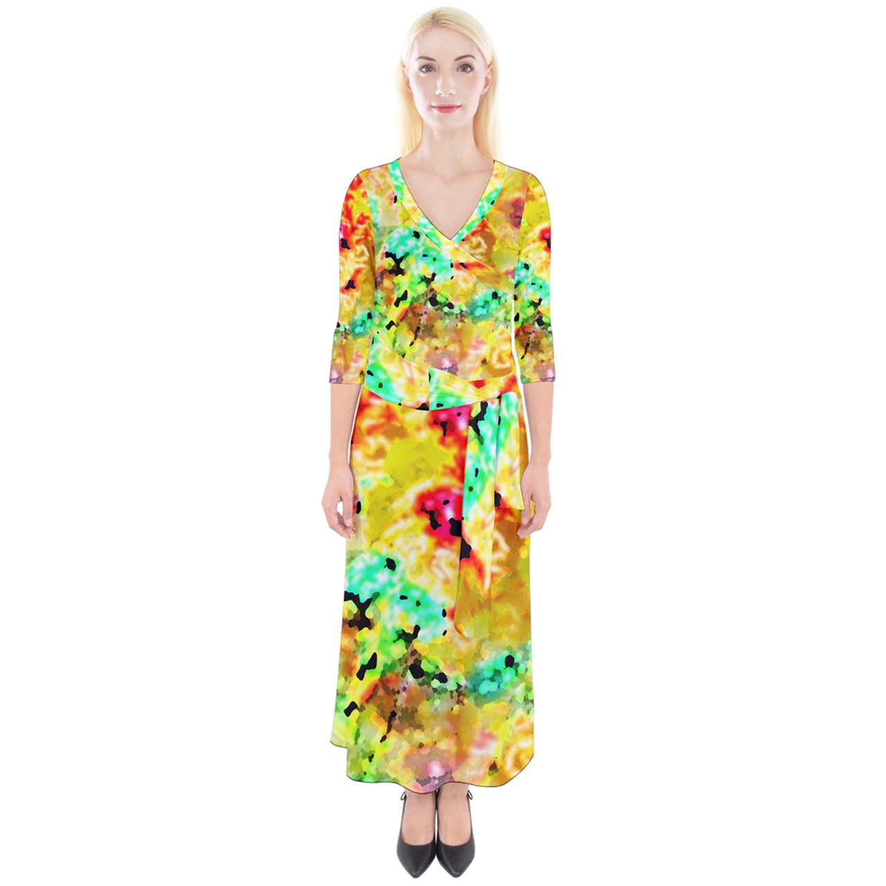 Hibiscus Impressionist Quarter Sleeve Wrap Maxi Dress