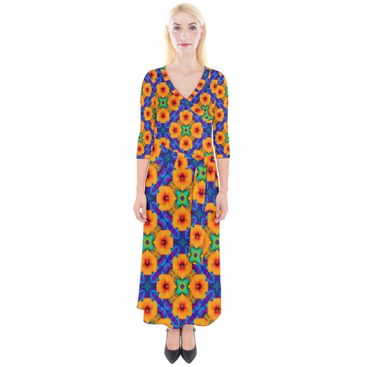 Hibiscus Array Quarter Sleeve Wrap Maxi Dress